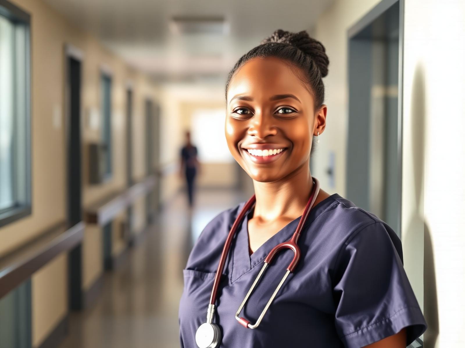 Professional nurse smiling in modern hospital